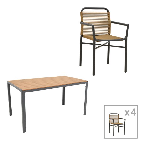 200 000955 5 Dining table Nares-Clutch C set of 5 pakoworld anthracite aluminum and plywood in natural color 140x80x72.5cmEASTER OFFERS