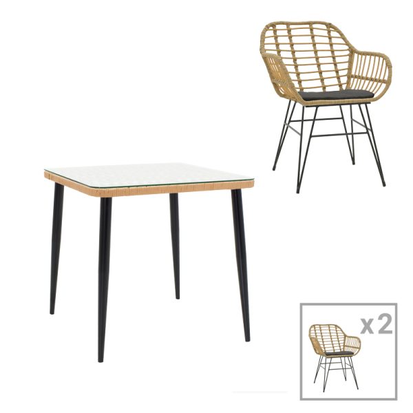 200 000958 11 Naoki V dining table set of 3 pakoworld rattan pe in natural shade and black metal 80x80x78cmOutdoor furniture > Garden food table