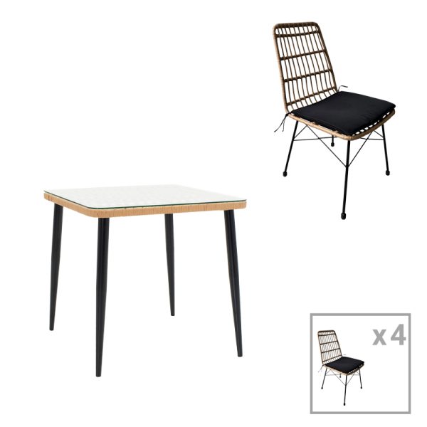 200 000963 13 Naoki U dining table set of 5 pakoworld rattan pe in natural shade and black metal 80x80x78cmOutdoor furniture > Garden food table