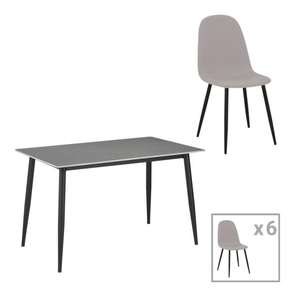 200 001065 8 Dining table Bella-Gustas pakoworld set of 7 gray marble sintered stone-black metal 160x85x75cmIndoor furniture > Dinning sets