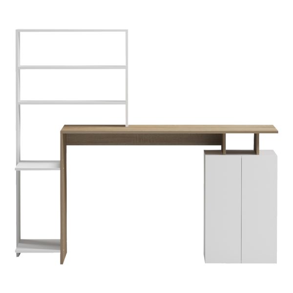230 000056 2 9 Ofiice desk with a bookshelf and a cabinet Meza pakoworld in sonoma-white color 146.3x55x128.8cmOffice furniture > Working desk