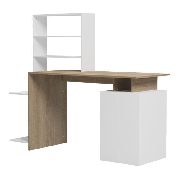 230 000056 3 9 Ofiice desk with a bookshelf and a cabinet Meza pakoworld in sonoma-white color 146.3x55x128.8cmOffice furniture > Working desk