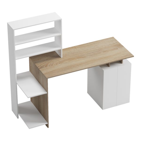 230 000056 4 9 Ofiice desk with a bookshelf and a cabinet Meza pakoworld in sonoma-white color 146.3x55x128.8cmOffice furniture > Working desk