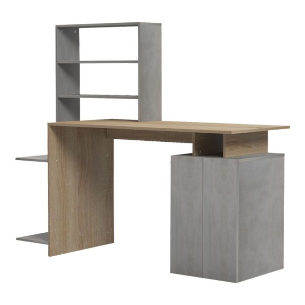 230 000057 2 6 Ofiice desk with a bookshelf and a cabinet Meza pakoworld in sonoma-grey cement color 146.3x55x128.8cmOffice furniture > Working desk