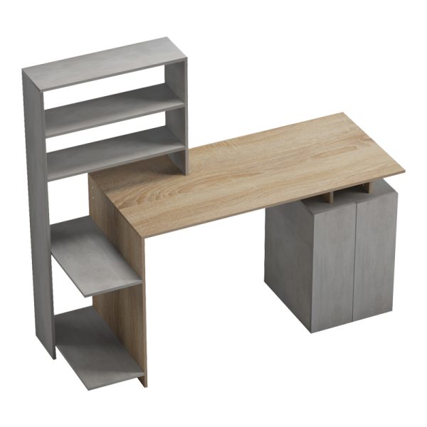 230 000057 3 6 Ofiice desk with a bookshelf and a cabinet Meza pakoworld in sonoma-grey cement color 146.3x55x128.8cmOffice furniture > Working desk