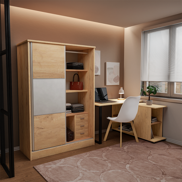 249 000020 1 10 Wardrobe with 2 sliding doors Chase pakoworld in oak colour 152.5x56.5x185cmIndoor furniture > Wardrobes