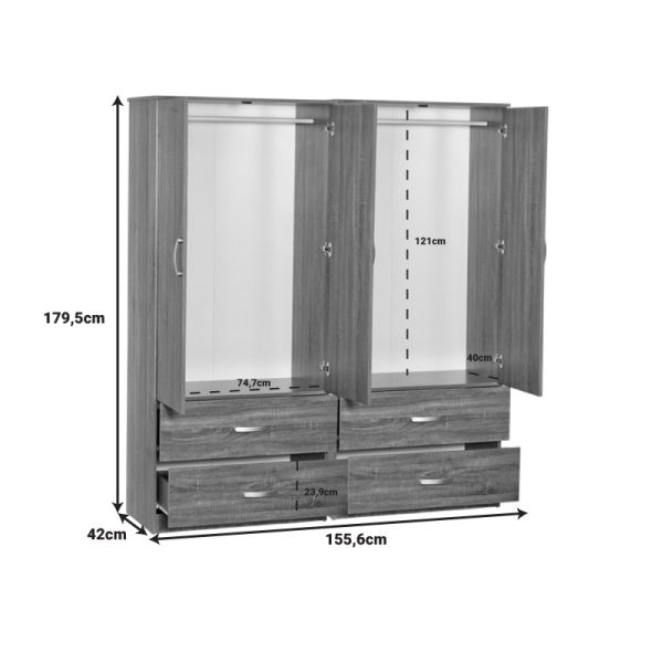 249 000060 2 12 Zelia I pakoworld four-leaf wardrobe with 4 drawers walnut color 158x42x180cmIndoor furniture > Wardrobes