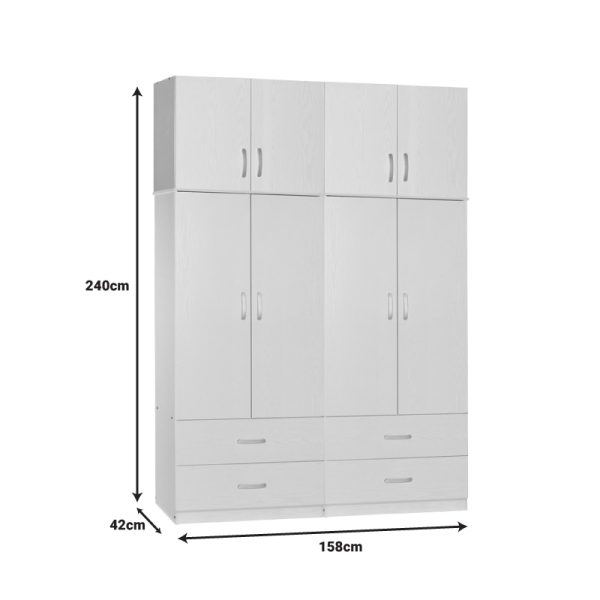 249 000071 3 13 Four-leaf wardrobe with mezzanine Zelia A pakoworld with 4 drawers, white color 158x42x240cmIndoor furniture > Wardrobes