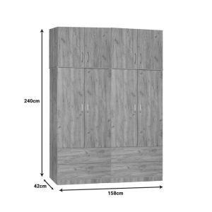 249 000072 3 6 Four-leaf wardrobe with mezzanine Zelia B pakoworld with 4 drawers oak color 158x42x240cmIndoor furniture > Wardrobes