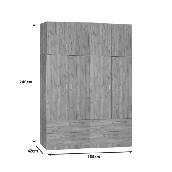 249 000072 3 6 Four-leaf wardrobe with mezzanine Zelia B pakoworld with 4 drawers oak color 158x42x240cmIndoor furniture > Wardrobes