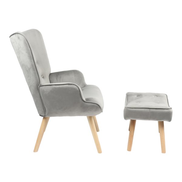 255 000032 2 6 Armchair with footstool Vivienne pakoworld velvet fabric grey-natural leg 75x69x96cmIndoor furniture > Living room armchairs