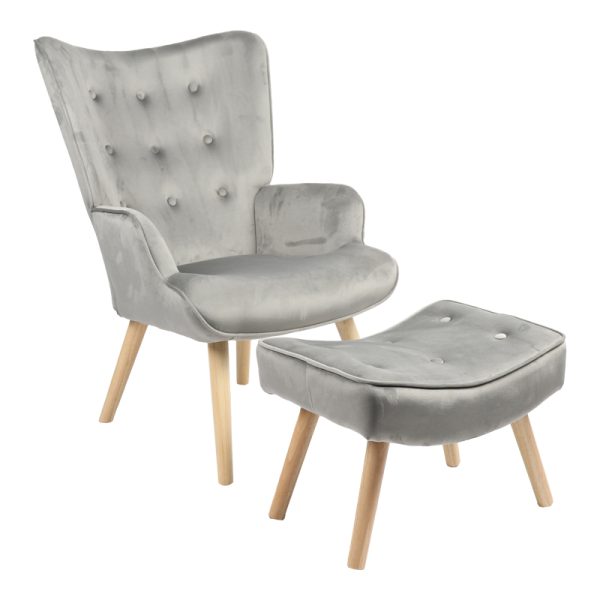 255 000032 8 Armchair with footstool Vivienne pakoworld velvet fabric grey-natural leg 75x69x96cmIndoor furniture > Living room armchairs