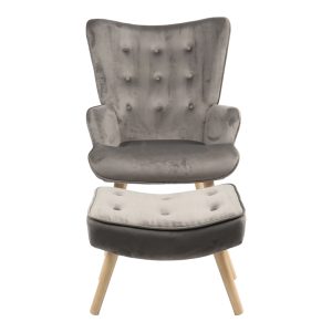 255 000034 2 4 Armchair with footstool Vivienne pakoworld velvet fabric dark grey-natural leg 75x69x96cmIndoor furniture > Living room armchairs