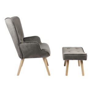 255 000034 3 4 Armchair with footstool Vivienne pakoworld velvet fabric dark grey-natural leg 75x69x96cmIndoor furniture > Living room armchairs