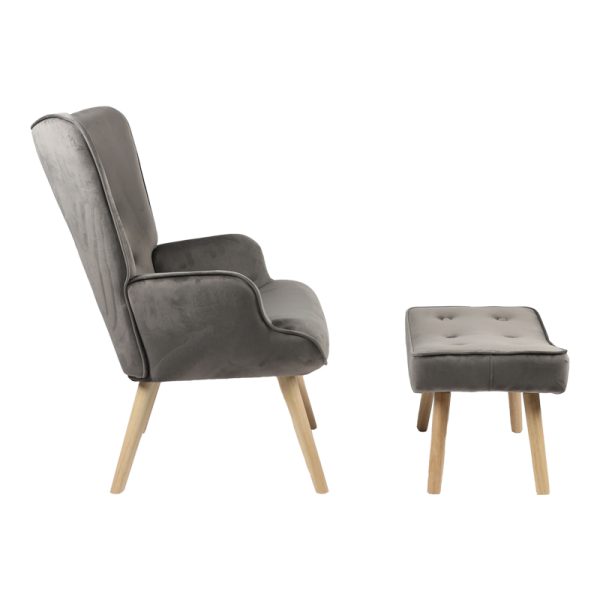 255 000034 3 4 Armchair with footstool Vivienne pakoworld velvet fabric dark grey-natural leg 75x69x96cmIndoor furniture > Living room armchairs
