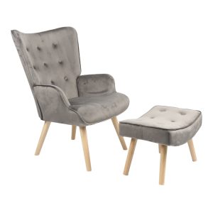255 000034 7 Armchair with footstool Vivienne pakoworld velvet fabric dark grey-natural leg 75x69x96cmIndoor furniture > Living room armchairs