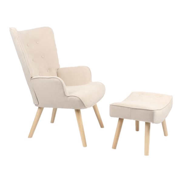 255 000036 6 Armchair with footstool Vivienne pakoworld fabric beige-natural leg 75x69x96cmIndoor furniture > Living room armchairs