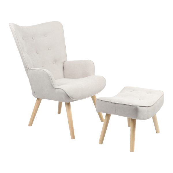 255 000037 6 Armchair with footstool Vivienne pakoworld fabric light grey-natural leg 75x69x96cmIndoor furniture > Living room armchairs