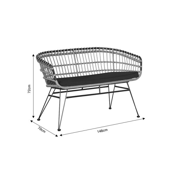 286 000012 4 4 Naoki pakoworld 2-seater sofa with pe cushion natural-metal black 120x62x79cmOutdoor furniture > Garden benches