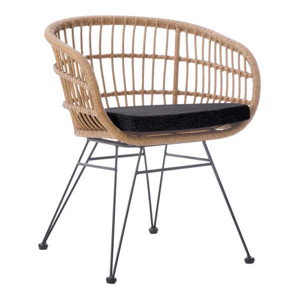 286 000016 1 Naoki pakoworld armchair with cushion pe rattan in natural shade and black metal legs 63x61x79cmOutdoor furniture > Garden armchairs