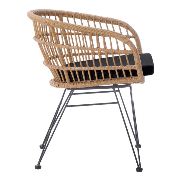 286 000016 3 1 Naoki pakoworld armchair with cushion pe rattan in natural shade and black metal legs 63x61x79cmOutdoor furniture > Garden armchairs