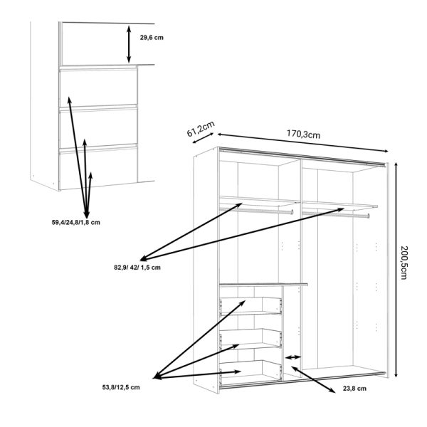 318 000009 4 3 2-door ardrobe Gotion pakoworld white melamine 170.5x61x200,5cmIndoor furniture > Wardrobes