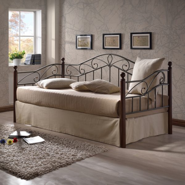 330 000013 12 Day bed Melis pakoworld walnut color wood-black metal 90x190cmIndoor furniture > Beds