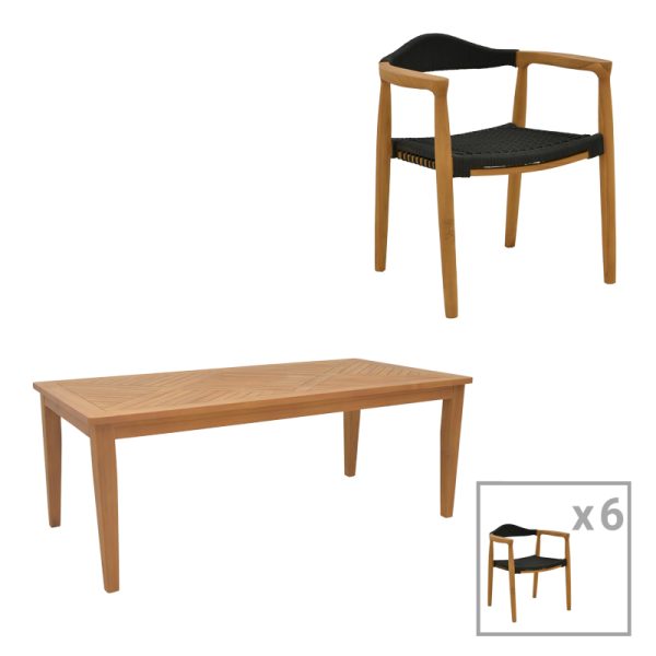 340 000034 5 Dining set 7pcs Ganny-Mady pakoworld teak wood in natural-black shade 200x100x75cmOutdoor furniture > Garden food table
