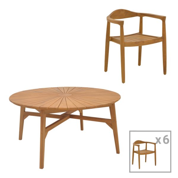 340 000038 5 Dining table 7pcs.Ganny-Colen pakoworld teak wood in natural shade Φ150x75cmOutdoor furniture > Garden food table
