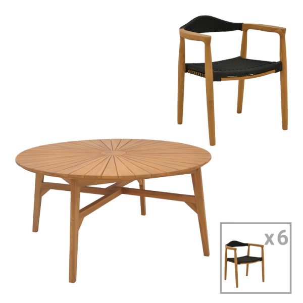 340 000039 5 Dining table 7pcs.Ganny-Colen pakoworld teak wood in natural-black shade Φ150x75cmOutdoor furniture > Garden food table
