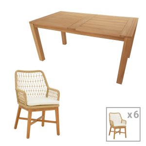 343 000044 5 Dining set 7pcs Elaiza-Pablo pakoworld teak wood in natural-beige shade 160x90x76cmIndoor furniture > Dinning sets