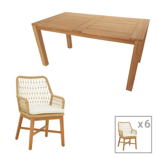 343 000044 5 Dining set 7pcs Elaiza-Pablo pakoworld teak wood in natural-beige shade 160x90x76cmIndoor furniture > Dinning sets