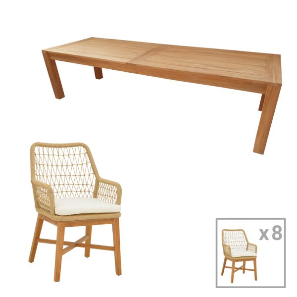 343 000047 5 Dining set 9pcs Elaiza-Pablo pakoworld teak wood in natural-beige shade 240x100x76cmIndoor furniture > Dinning sets