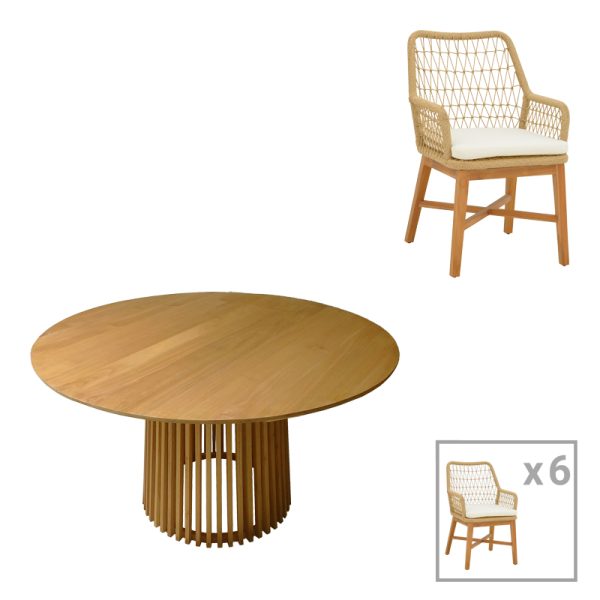 343 000049 5 Dining set Elaiza-Kenda pakoworld 7pieces set in natural-beige shade D150x75cmOutdoor furniture > Garden food table