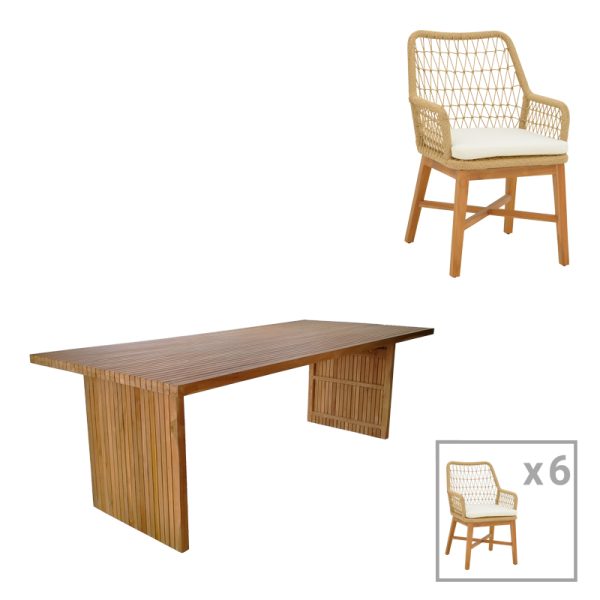 343 000050 5 Dining table Elaiza-Zibra pakoworld set of 7 pieces in natural-beige shade 220x100x75cmOutdoor furniture > Garden food table