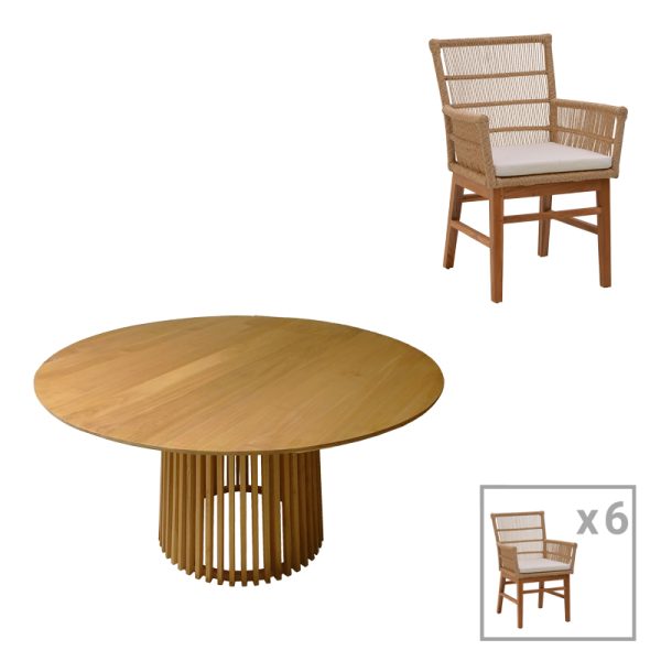 343 000058 5 Inca-Kenda pakoworld dining set 7pcs in natural-beige shade Φ150x75cmOutdoor furniture > Garden food table