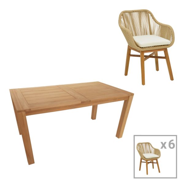 343 000062 5 Dining table Kalie-Pablo pakoworld set of 7 pieces in natural-beige shade 160x90x76cmOutdoor furniture > Garden food table