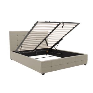 006 000046 2 Double bed Roi pakoworld fabric with storage space in ivory color 160x200cmIndoor furniture > Beds
