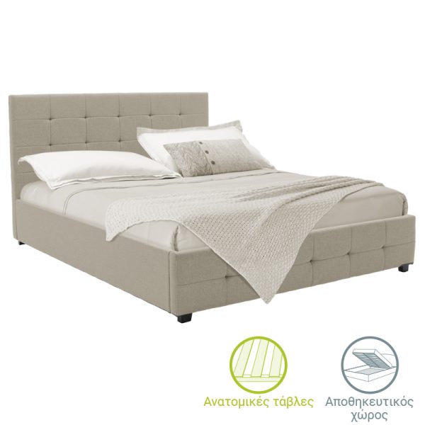 006 000046 Double bed Roi pakoworld fabric with storage space in ivory color 160x200cmIndoor furniture > Beds