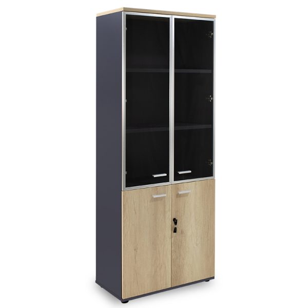 069 000022 Bookcase Lotus pakoworld with four doors by glass and wood in oak - dark grey color 80x40x200cmOffice furniture > Office closets