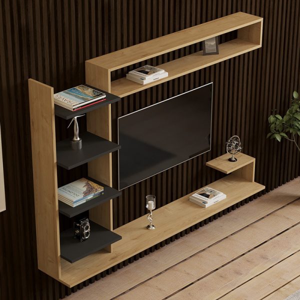 120 000546 2 Dilan pakoworld composite living room wall unit in oak-anthracite shade 180x29.60x121.80cmIndoor furniture > Living room sets