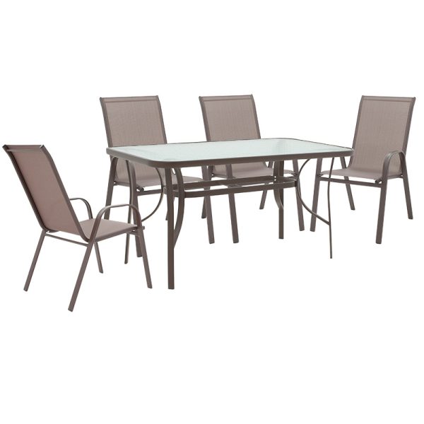 130 000054 Dining set 5pcs Ensure-Calan pakoworld metal-glass brown 140x80x70cmOutdoor furniture > Garden food table