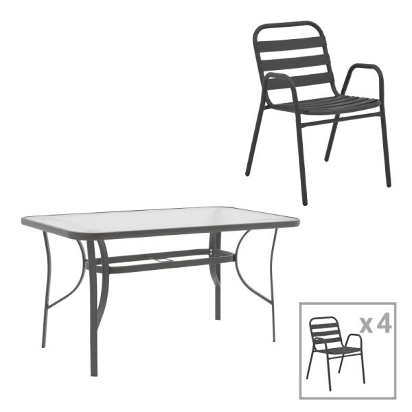 130 000172 Dining set 5pcs Ensure-Sussie pakoworld metal-glass dark grey 140x80x70cmOutdoor furniture > Garden food table