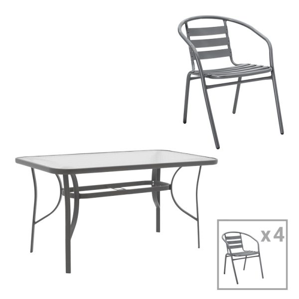 130 000179 Dining set 5pcs Ensure-Tade pakoworld metal-glass dark grey 120x70x70cmOutdoor furniture > Garden food table