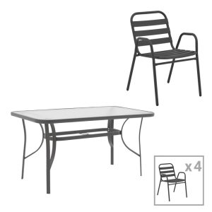 130 000180 Dining set 5pcs Ensure-Sussie pakoworld metal-glass dark grey 120x70x70cmOutdoor furniture > Garden food table