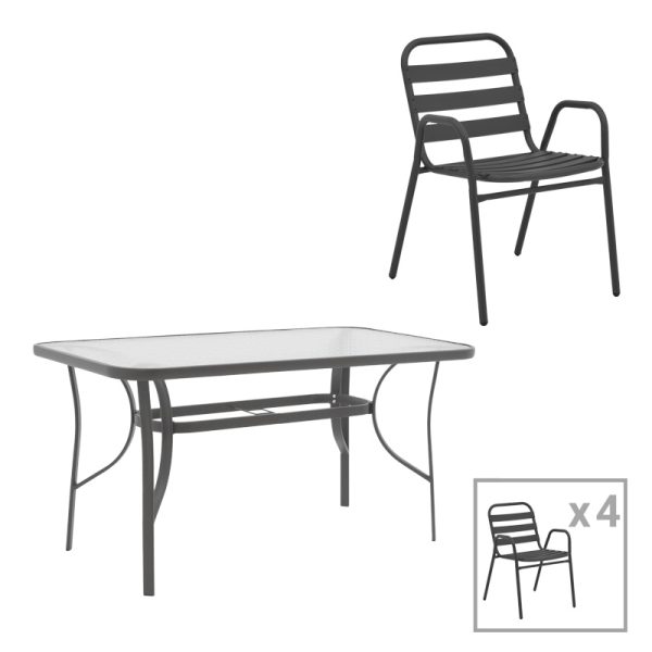 130 000180 Dining set 5pcs Ensure-Sussie pakoworld metal-glass dark grey 120x70x70cmOutdoor furniture > Garden food table