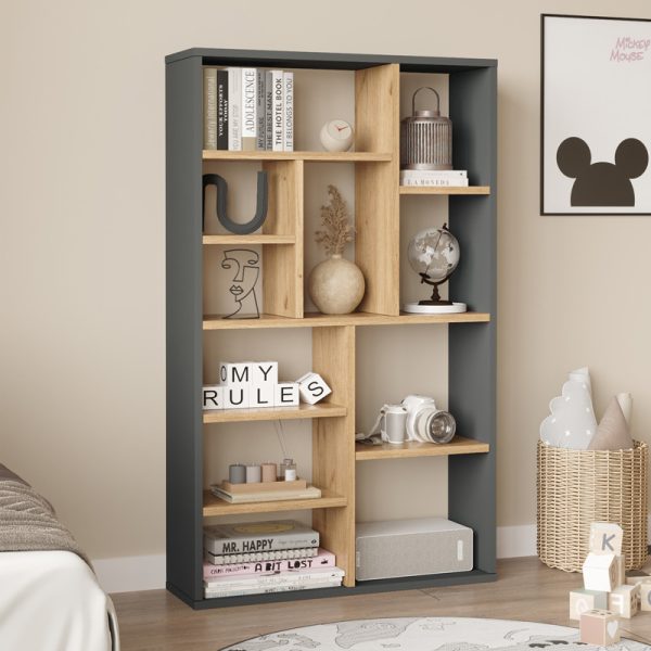 176 000201 Bookcase Boteca 10-seater pakoworld in natural-anthracite shade 75x22x123.6cmIndoor furniture > Bookshelves