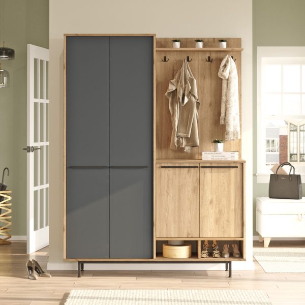 176 000213 2 Cloat entrance furniture with storage space pakoworld in natural-anthracite shade 147.4x35.5x195.6cmIndoor furniture > Entrance furniture