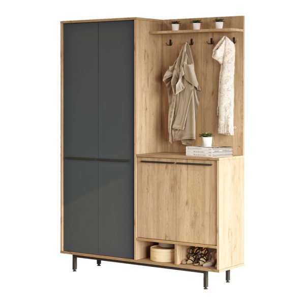 176 000213 Cloat entrance furniture with storage space pakoworld in natural-anthracite shade 147.4x35.5x195.6cmIndoor furniture > Entrance furniture