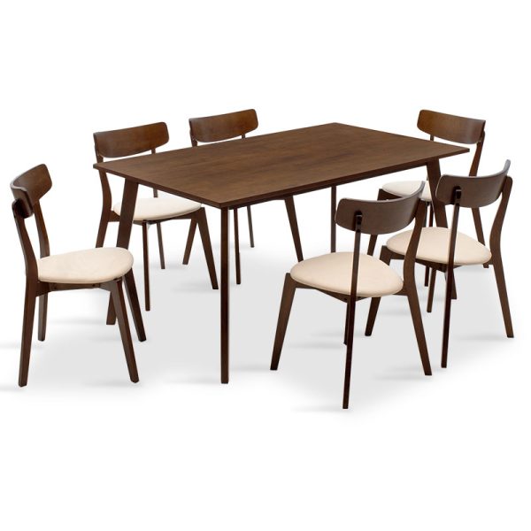 200 000190 Dining set Benson - Toto pakoworld 7pcs 150x90x75cm in walnut - beige fabricIndoor furniture > Dinning sets